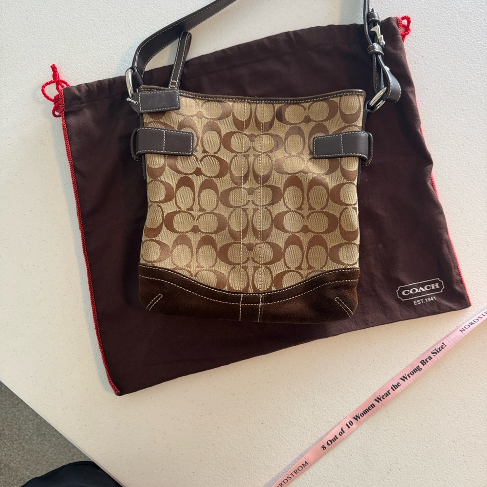 Vintage Coach Signature Brown Shoulder Bag – Suede & Leather Details, 9”x9” - Picture 4 of 6